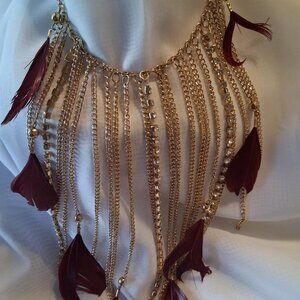 NWOTD Natasha Chains, Rhinestone and Feathers Goldtone Statement Necklace